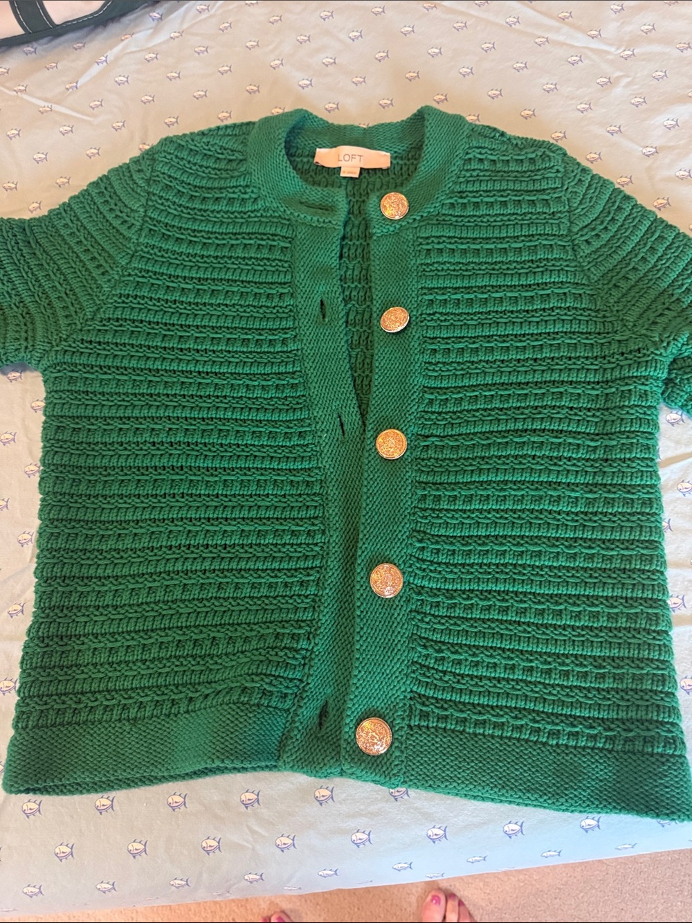 LOFT Emerald Green long -Sleeve Textured Knit Cardigan with Gold Buttons